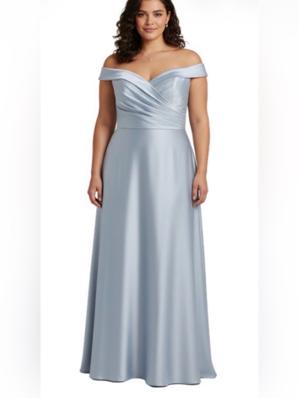 Oleg Cassini dusty-Blue Satin Off Shoulder Heart Neckline Maxi Dress